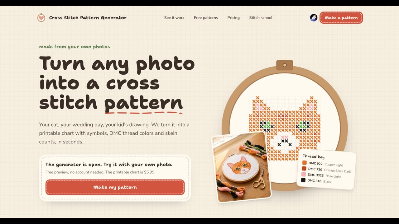 Cross Stitch Pattern Generator - Turn a photo into a stitchable cross stitch chart with DMC thread colors and skein counts.