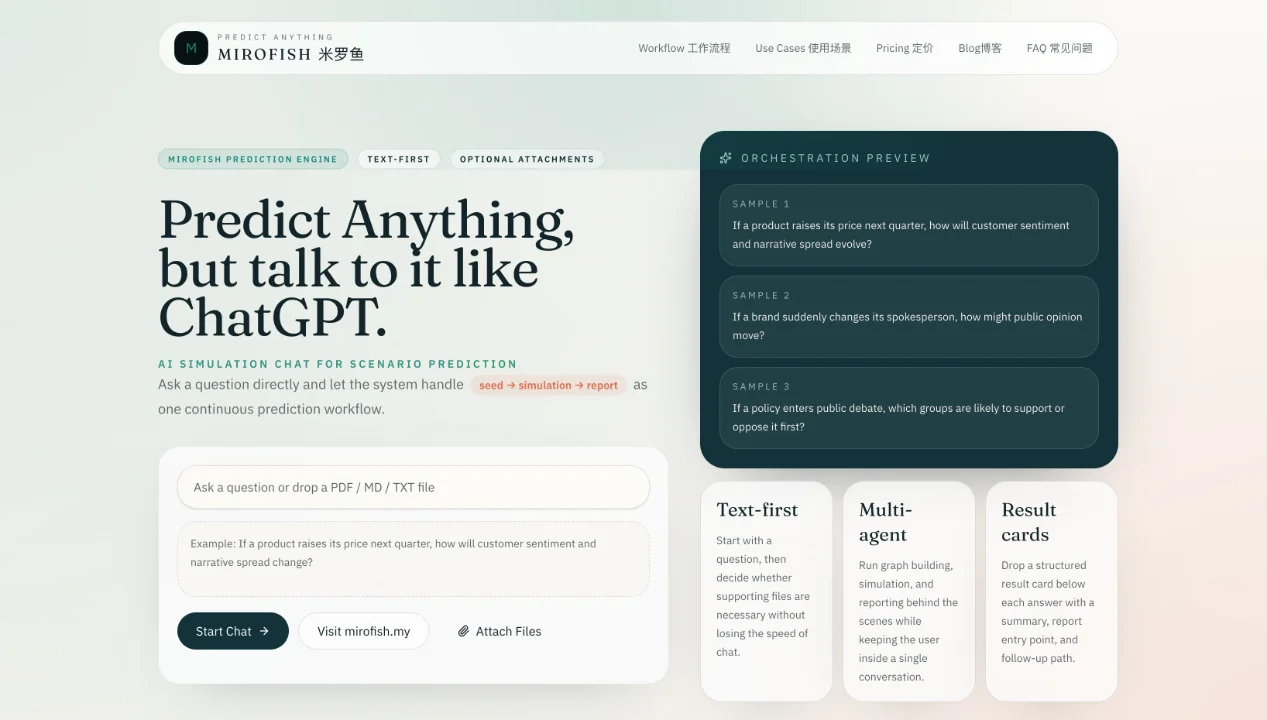 mirofish - AI simulation chat for launches, pricing, and policy