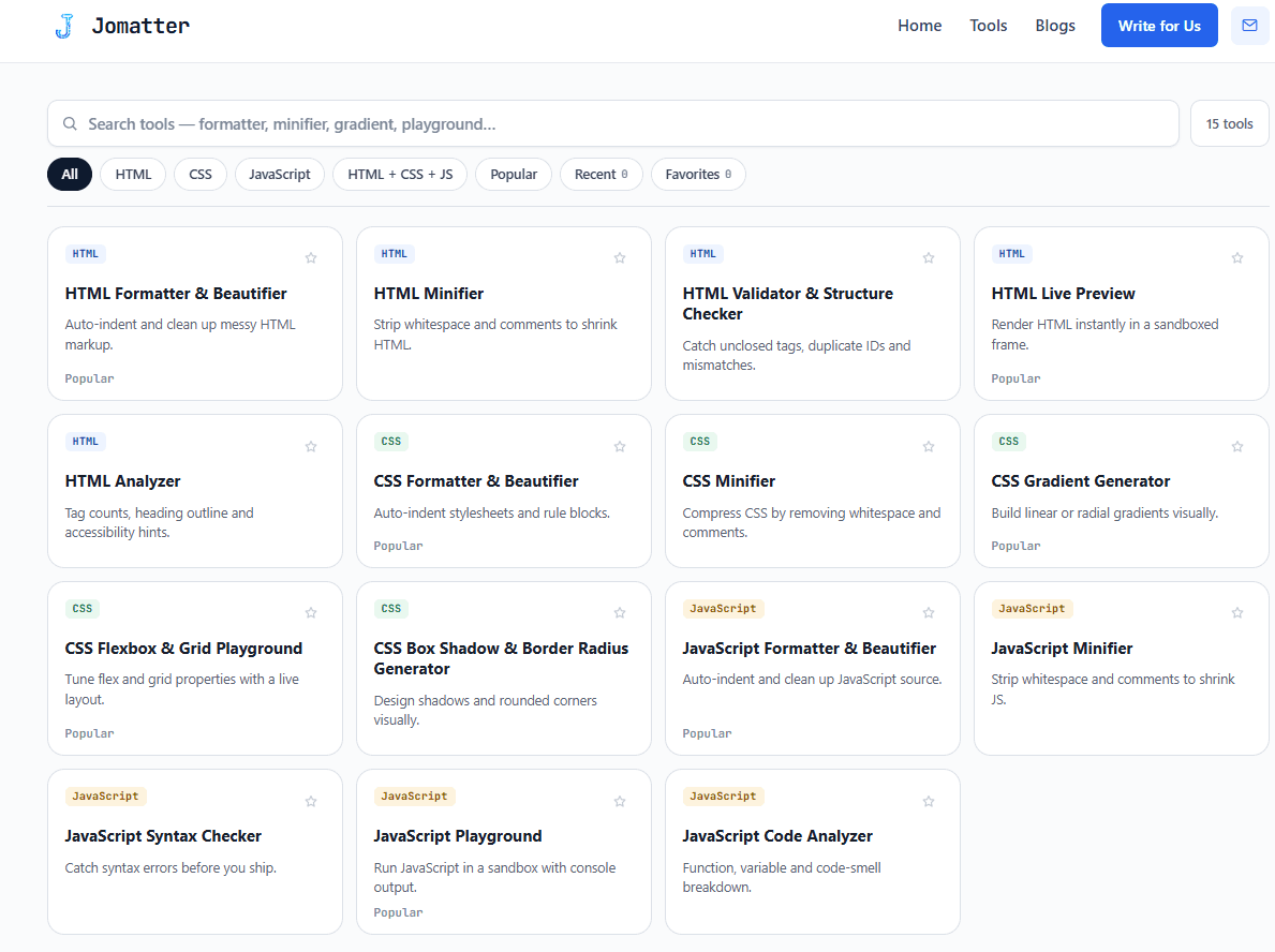 Jomatter - Free browser-based tools for formatting, minifying, validating, and analyzing HTML, CSS, and JavaScript code without signup.