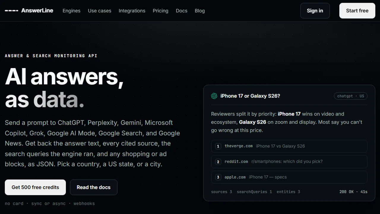 AnswerLine - See the answers ChatGPT, Gemini, and Copilot give your customers for any prompt, through one API.