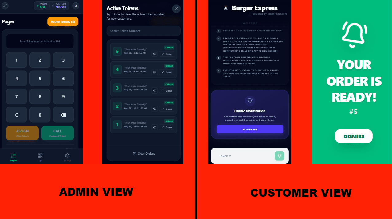 TokenPager - Turn every customer’s smartphone into an instant, zero-hardware digital buzzer with a simple counter QR scan—eliminating breakable coaster pagers, app store downloads, and costly SMS fees forever.