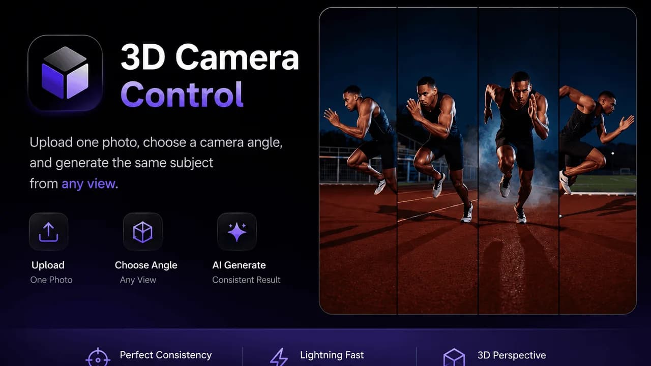 3D Camera Control - Generate new camera angles from a single image by adjusting rotation, elevation, and distance.