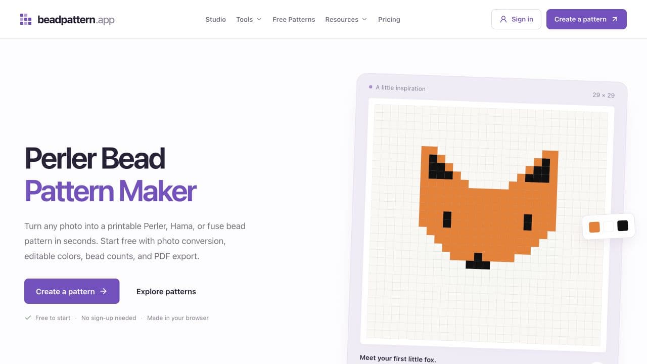 BeadPattern - Convert photos and AI ideas into editable bead patterns with color codes and bead counts.
