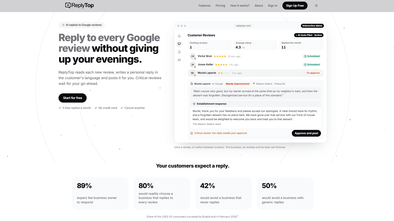 ReplyTop - ReplyTop is an AI-powered platform that automatically generates unique, personalized responses to your Google and Trustpilot reviews, saving you hours of work while boosting your local SEO.