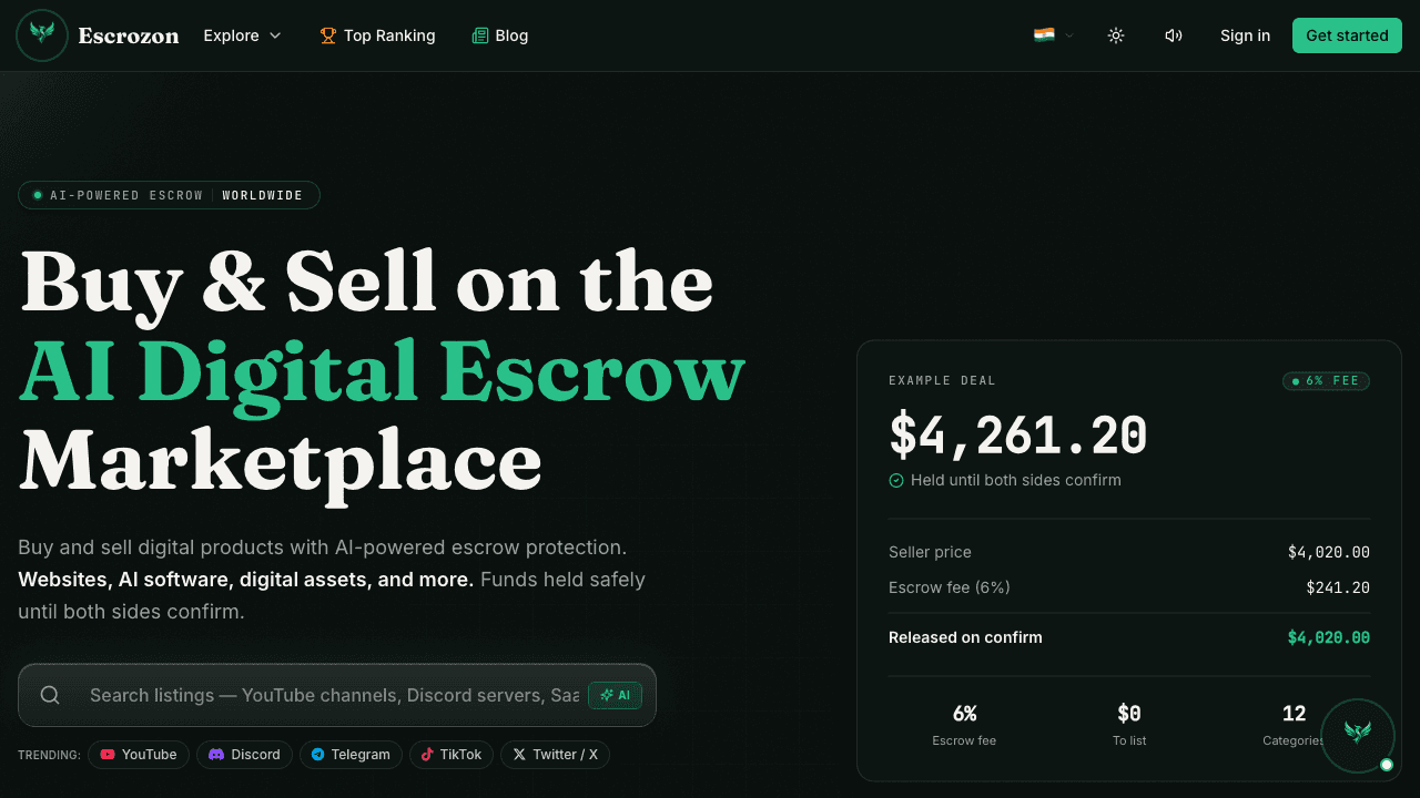 Escrozon - Escrow marketplace where people buy and sell YouTube channels, websites, software licenses and digital products, with the payment held until the buyer confirms.
