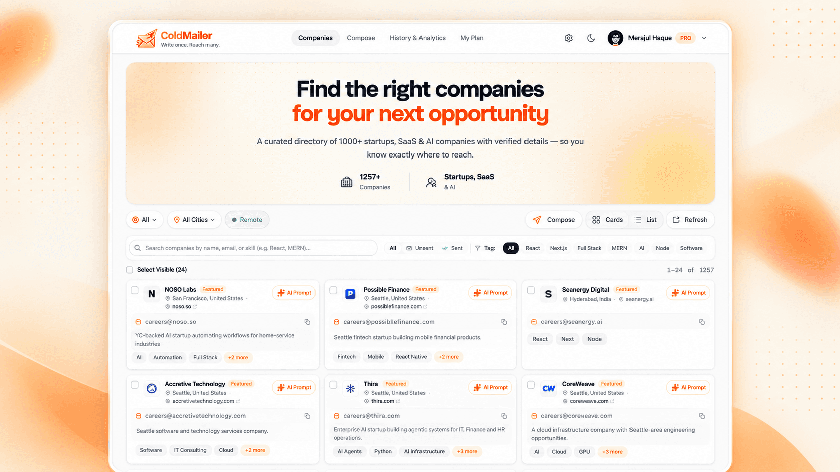 Cold Mailer - Discover tech companies, personalize your outreach, and send cold emails through your own email provider—all in one simple workflow, with no monthly subscription.
