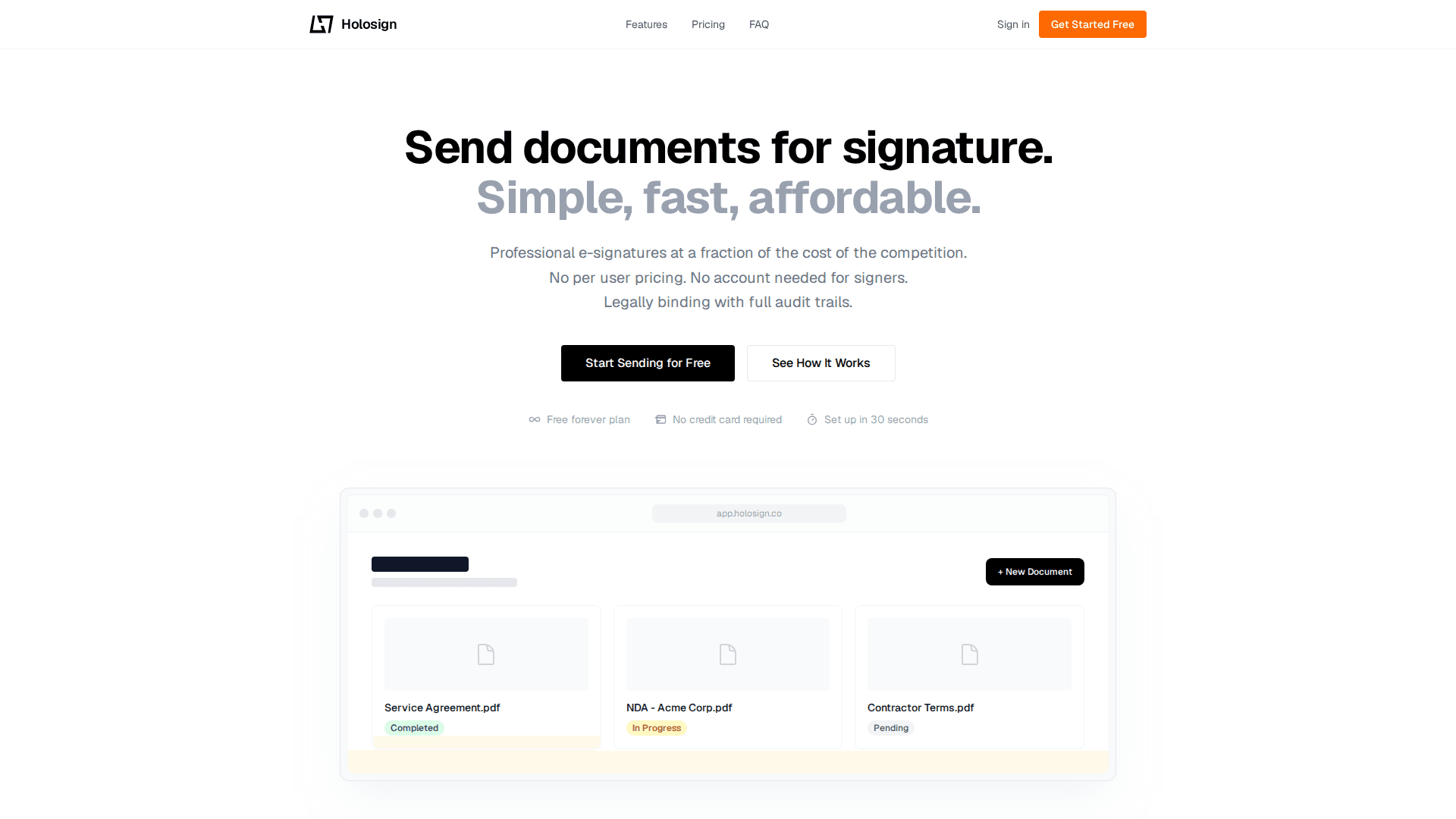 Holosign - E-signatures for small teams. $19/month, unlimited users.