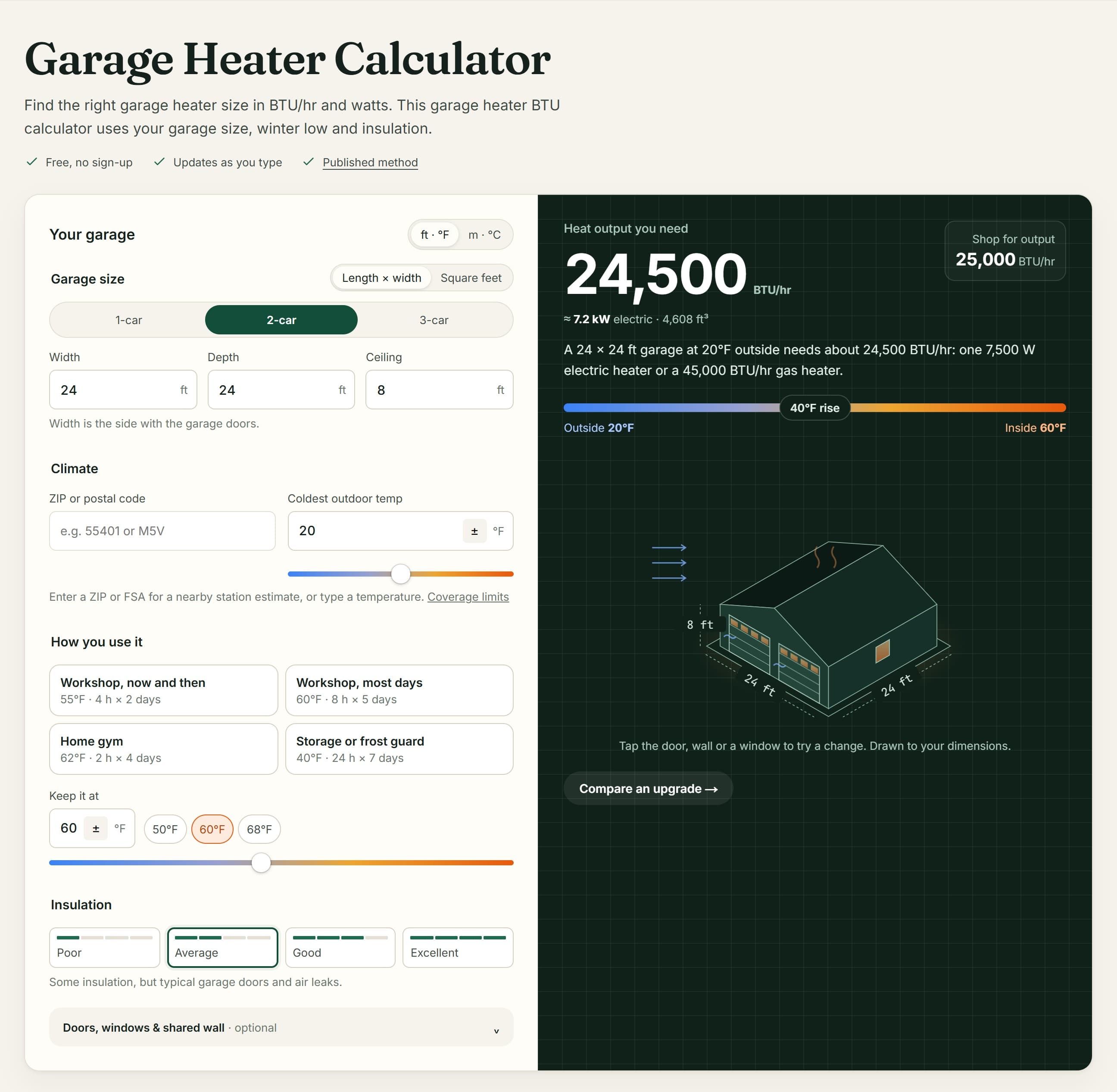 Garage Heat Lab - Free garage heater sizing calculator for BTU, watts, and heater size.
