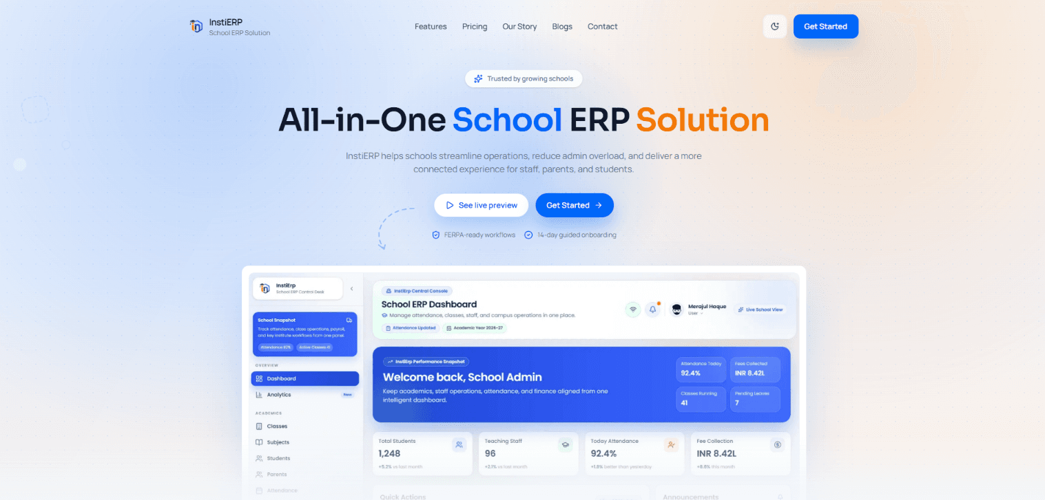 InstiERP - School ERP software that streamlines admissions, attendance, fees, and parent communication in one unified platform.
