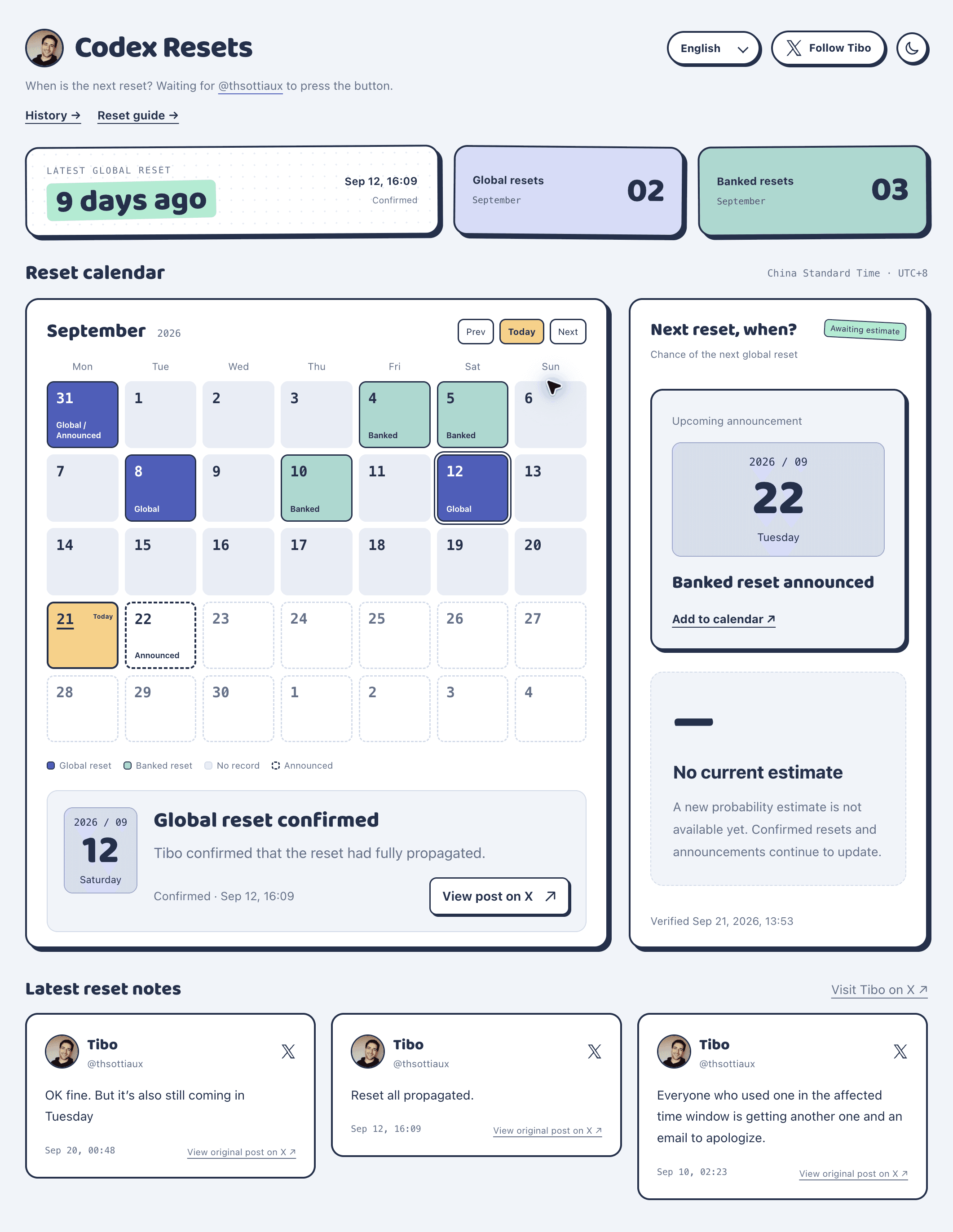 Codex Reset Calendar - Track Codex reset updates in your local time.