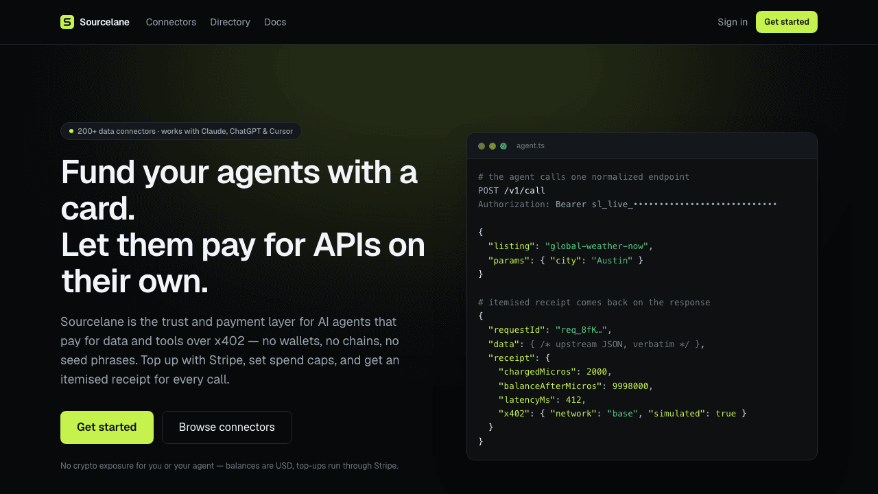 Sourcelane - Sourcelane gives AI agents live data from 200+ connectors, paid per result from a prepaid card balance.