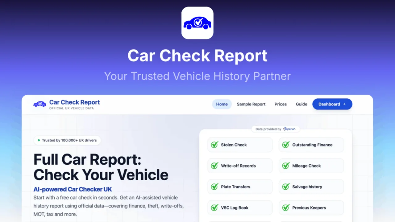 Car Check Report - Free instant UK car history reports covering finance, theft, MOT, write-offs and 50+ data points with official Experian, DVLA and DVSA data.