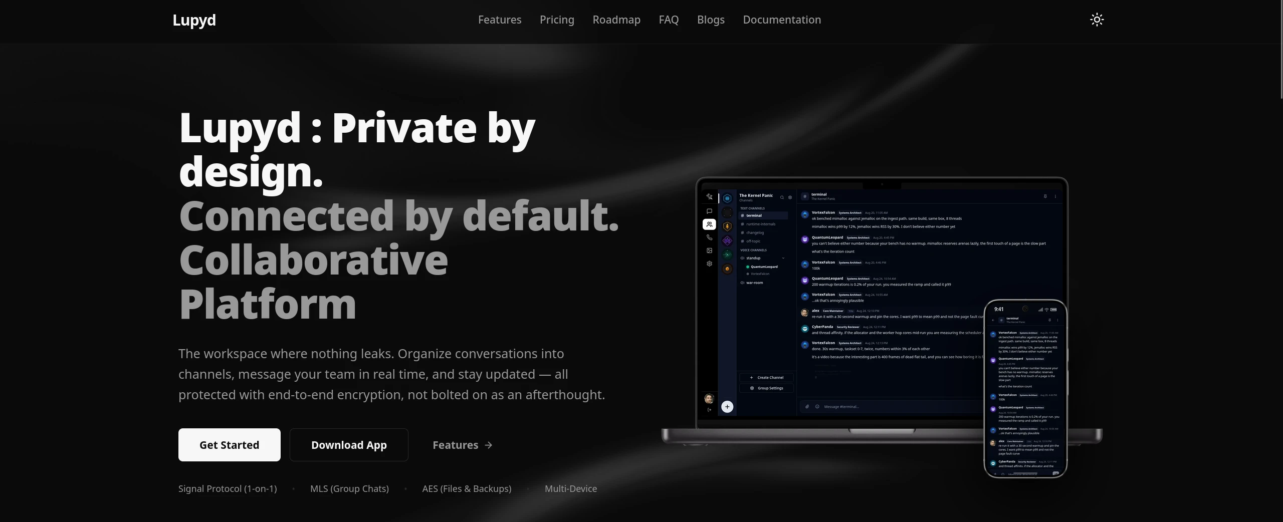 Lupyd - A collaborative workspace with end-to-end encryption for organizing team conversations into channels and direct messages.
