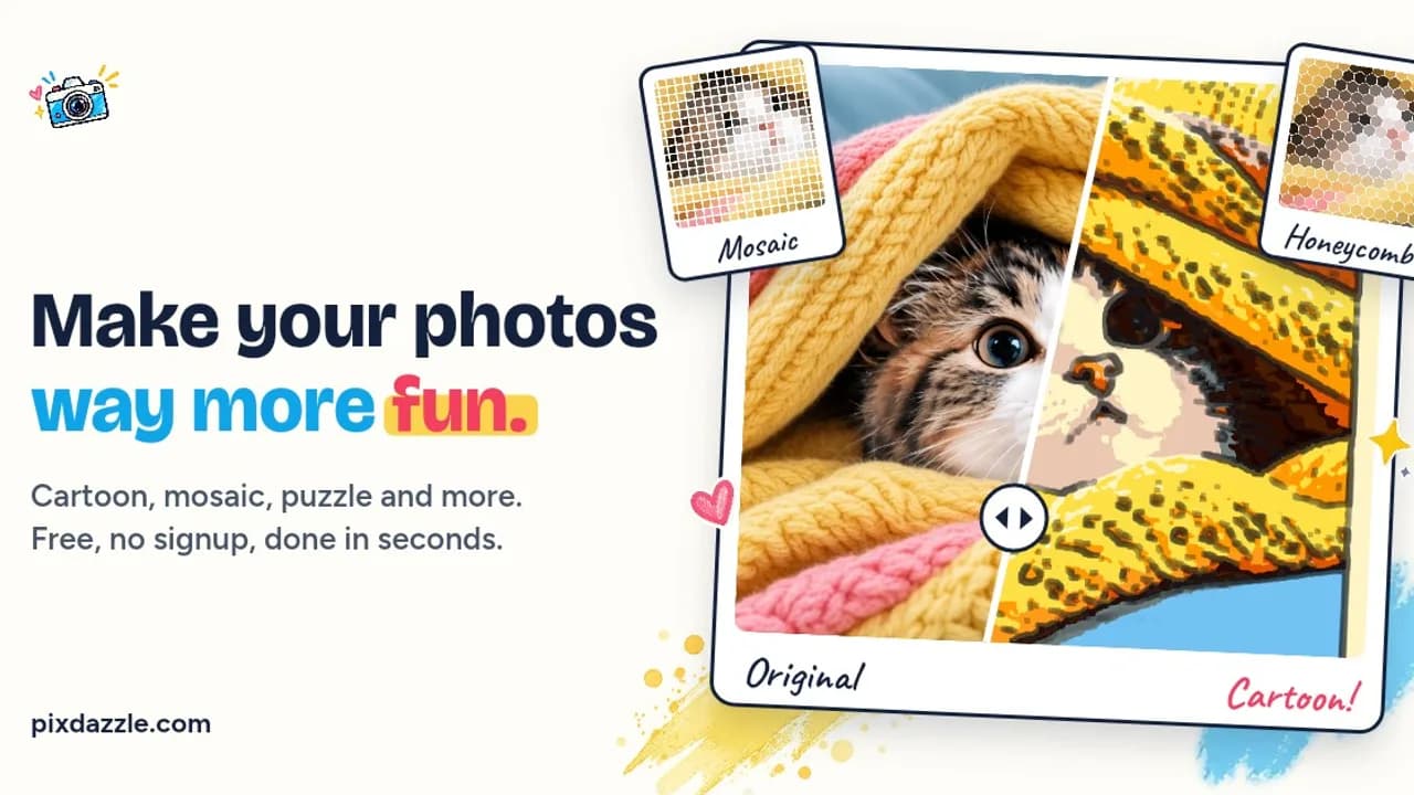 PixDazzle - Transform photos with creative effects and image tools that run entirely in your browser with no uploads or signup required.