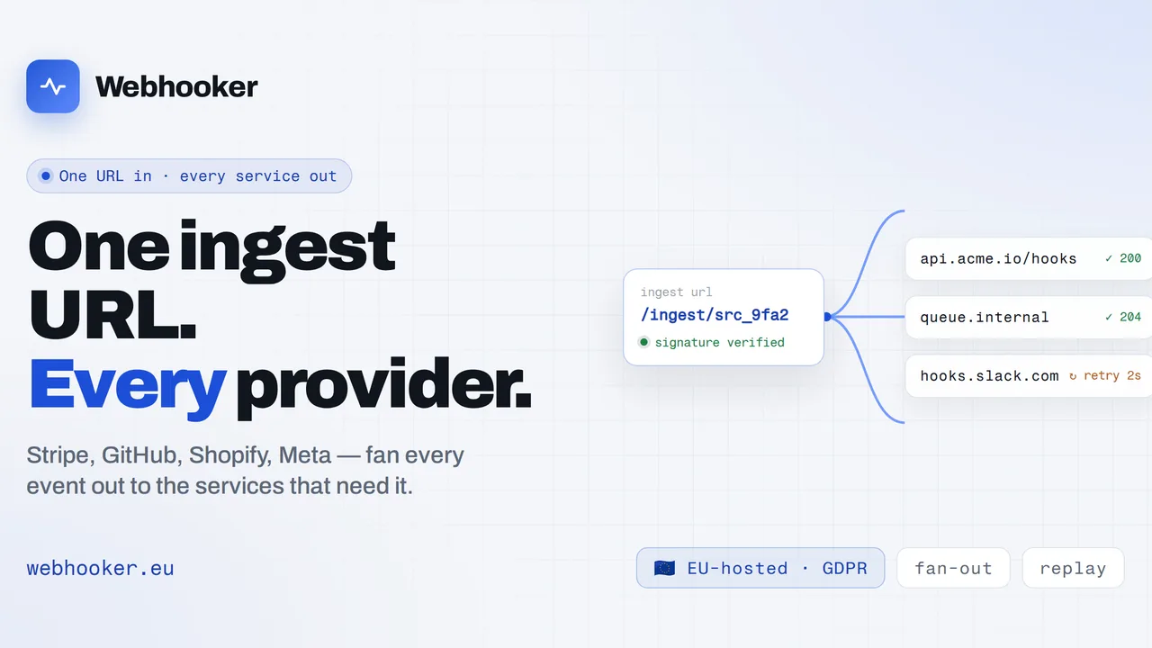 Webhooker - EU-hosted webhook gateway that verifies signatures, stores events durably, and delivers them with retries so you never lose a webhook.