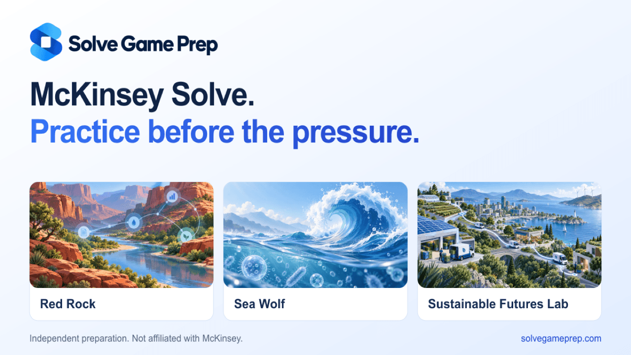 Solve Game Prep - Hands-on practice for the McKinsey Solve game — Red Rock, Sea Wolf, and Sustainable Futures Lab exercises where you make the decisions yourself.