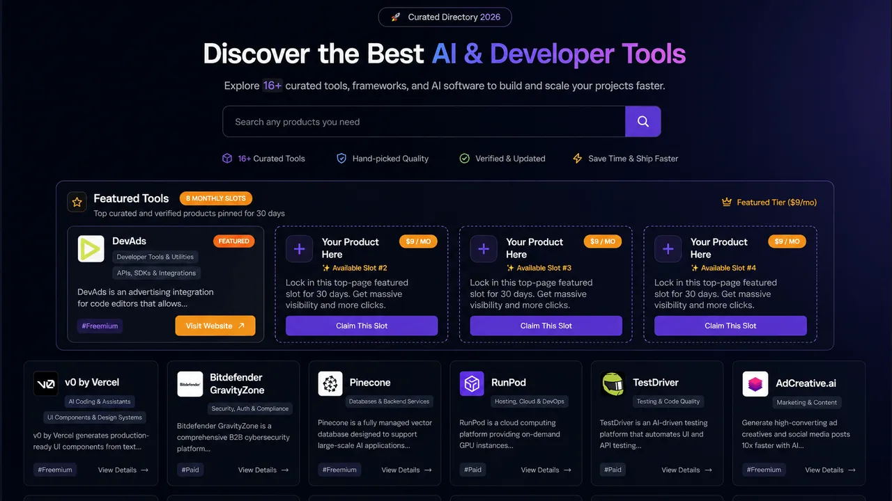 TrendingDevTools - Curated directory of top software, libraries, AI tools, and developer frameworks to supercharge your workflow.