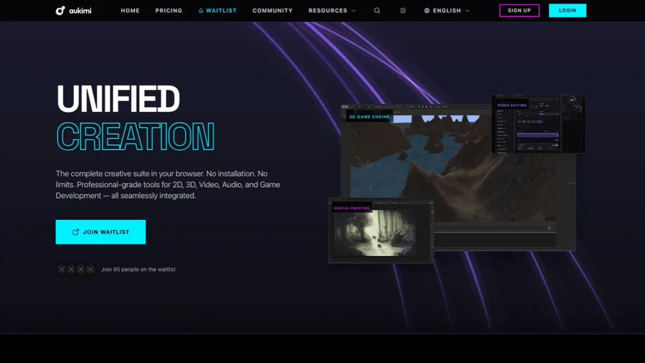 aukimi - Browser-based creative suite with 3D sculpting, pixel art, game engine, animation, video, and audio tools for game developers and creators.