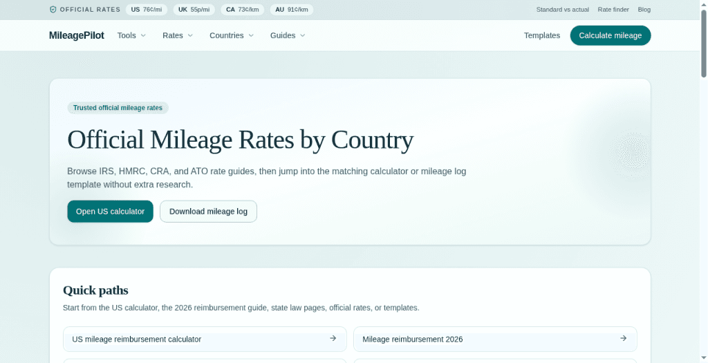 MileagePilot - Find official mileage rates by country and year, then calculate reimbursements or download log templates for your workflow.