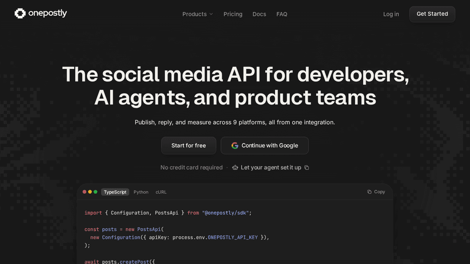 Onepostly - Publish to every major social platform from one API integration, with scheduling and analytics across 9 platforms.
