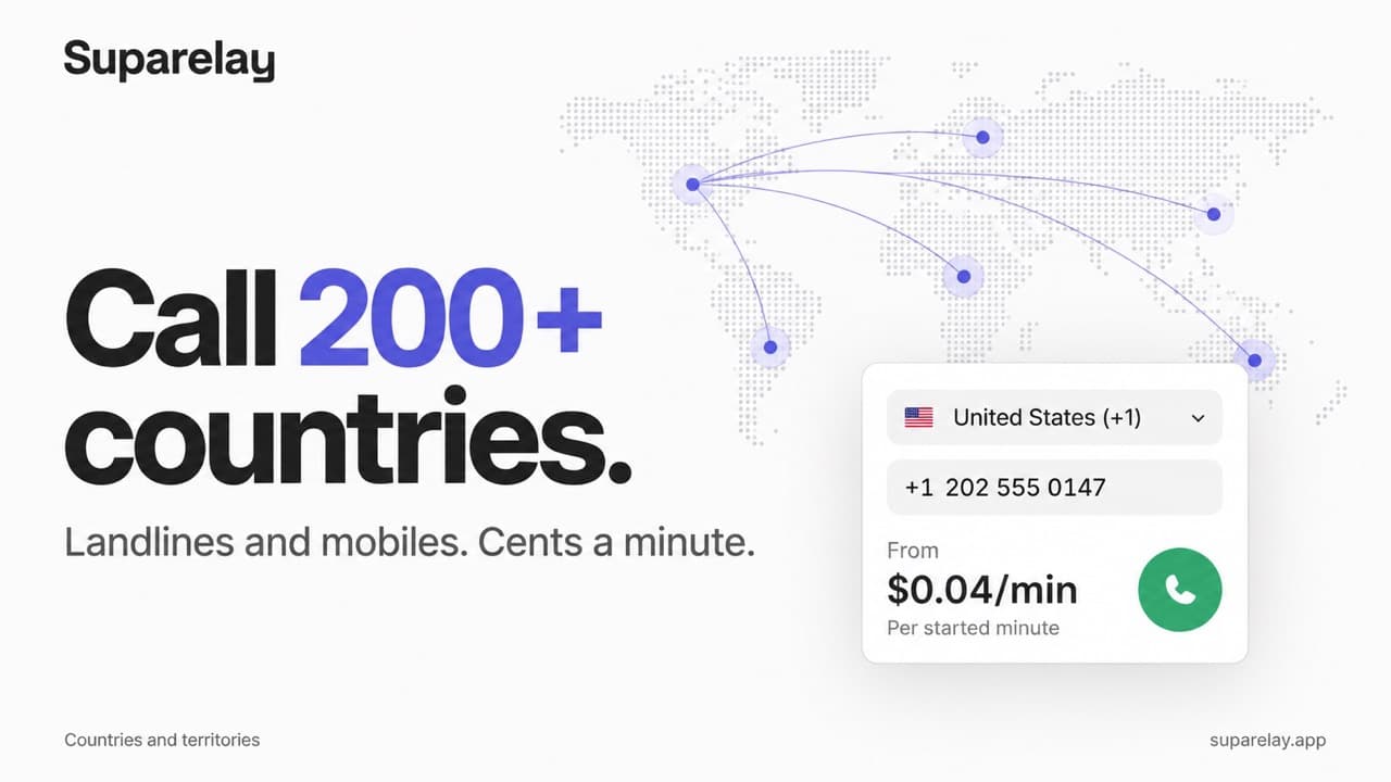 Suparelay - Call landlines and mobiles in 200+ countries from your browser, with the price shown before you dial.