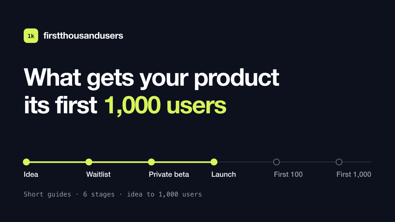 First 1,000 Users - 25 free guides on getting your first 1,000 users, mapped from idea to launch and rated for fit by product type.