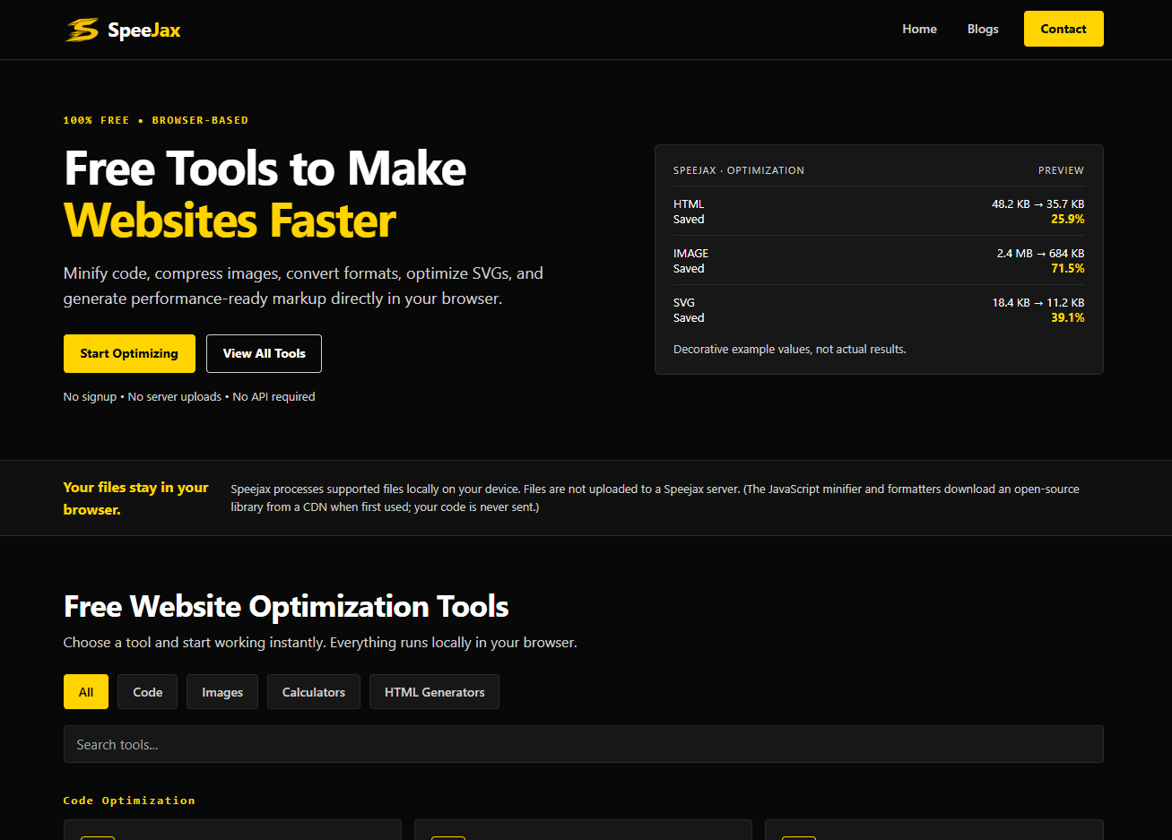 SpeeJax - Browser-based tools to minify code, compress images, and optimize websites without signup or server uploads