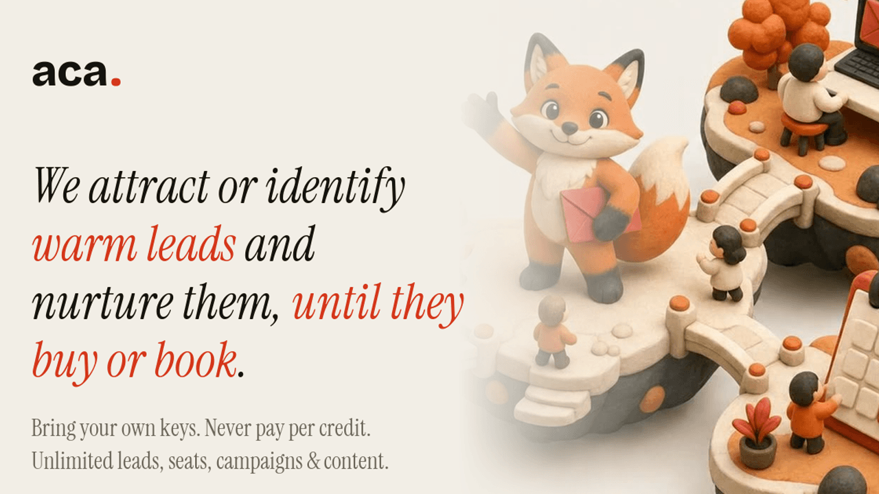ACA: Automated Client Acquisition - Capture inbound leads from content, lead magnets, and buying signals; manage them alongside outbound across email, LinkedIn, ads, and DMs. Inbox with human-approved AI drafts. Bring your own API keys.