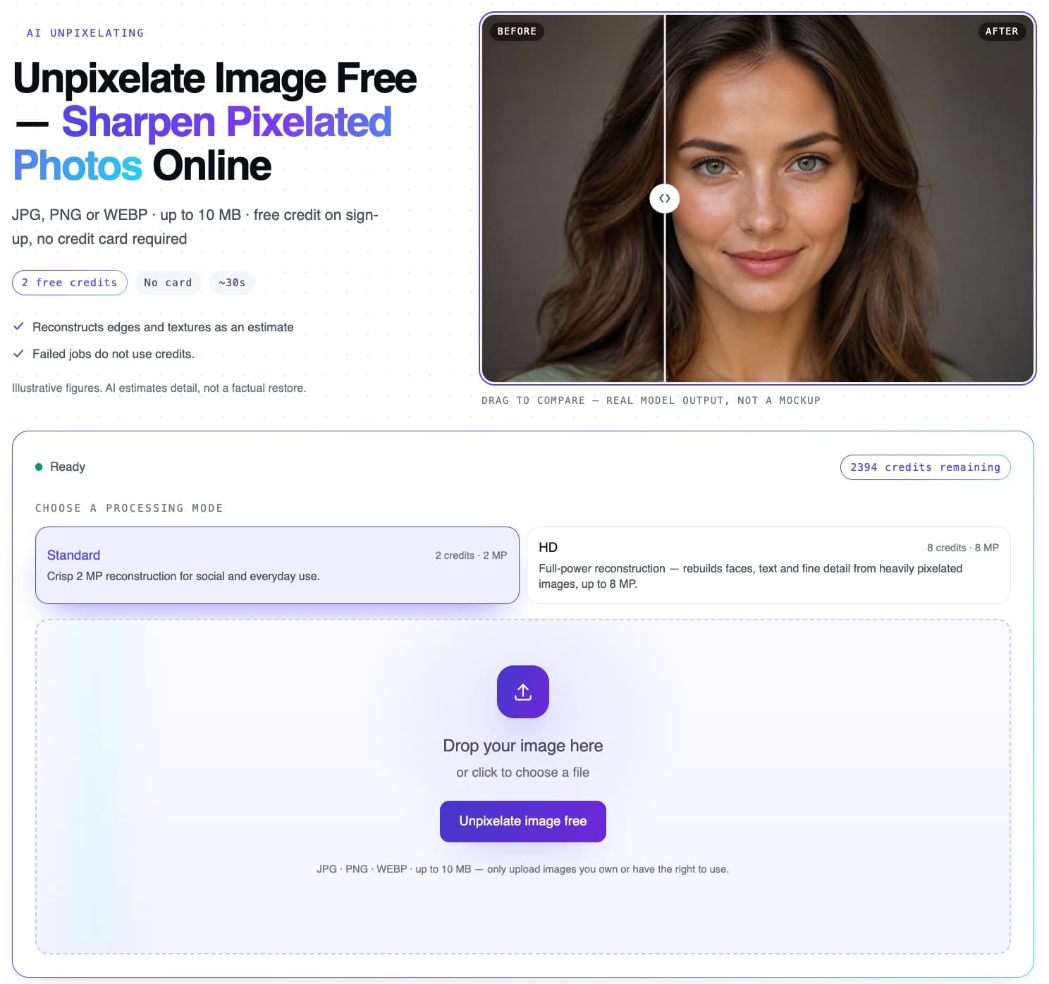 Unpixelate - Online AI tool that unpixelates images — rebuilds blurry text, faces and detail in seconds. Free to try, no install.