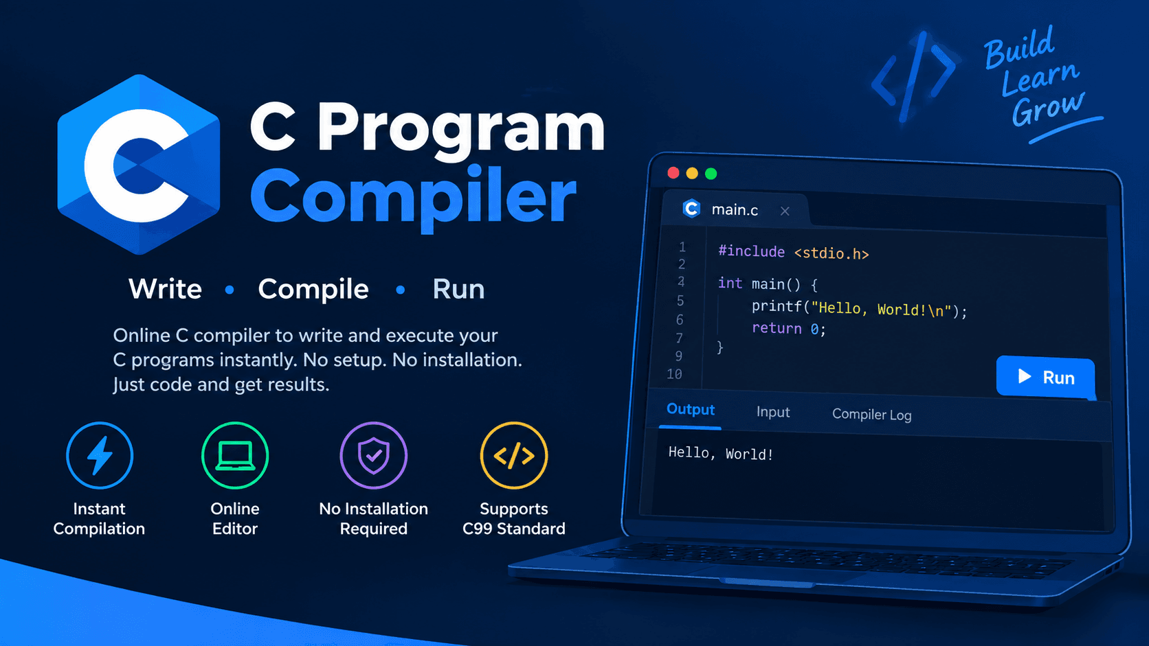 C Program Compiler Online - Write, compile and run C programs directly in your browser with no installation or signup required.