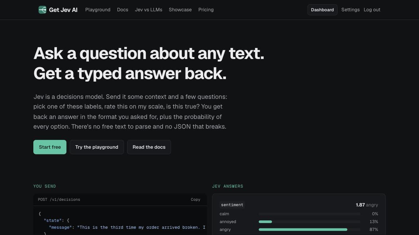 Get Jev AI - An API that answers questions about any text with a typed choice, score or yes/no, plus a calibrated probability for every option.