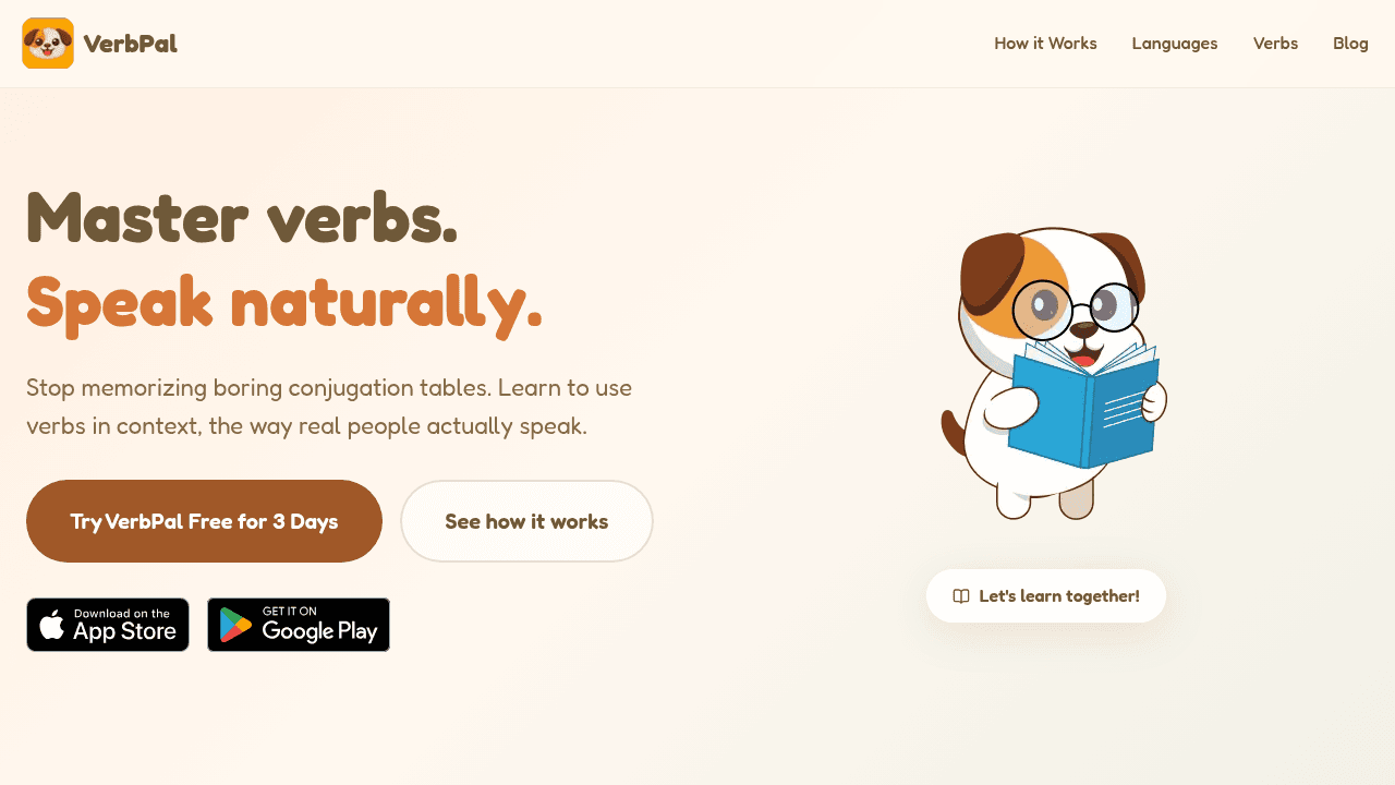 VerbPal - Learn verb conjugations in real sentences with spaced repetition across 10 languages, free to start on iOS and Android.