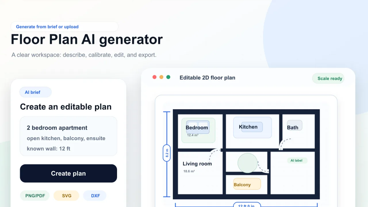 Floor Plan AI - Generate floor plan drafts from room briefs, dimensions, or reference images with AI, then review and download as PNG.
