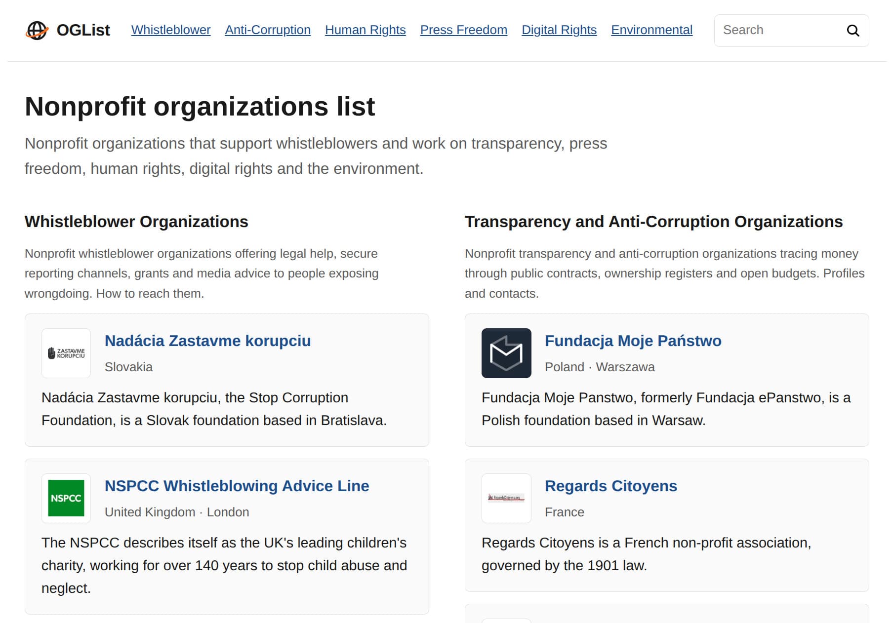 OGList - Curated directory of nonprofits fighting for transparency and rights.