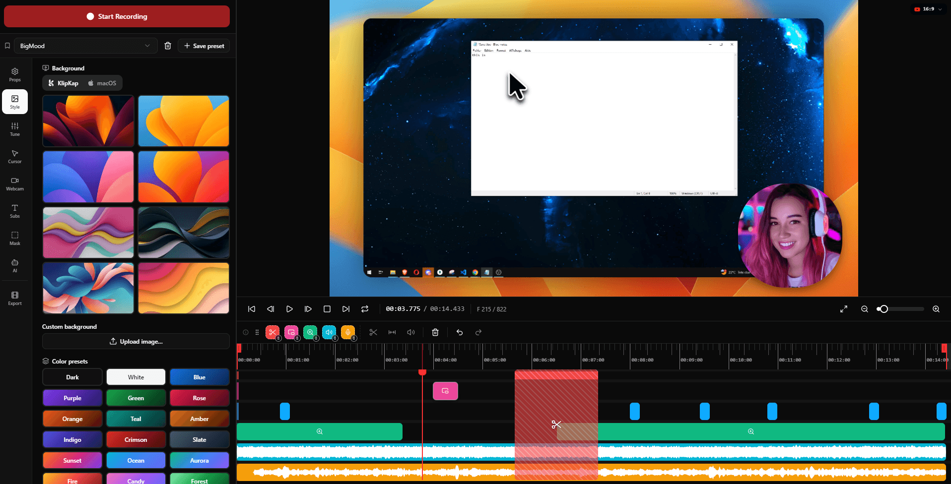 KlipKap Pro - Screen Studio alternative and Screen recording software that automatically applies professional effects like smooth cursor movement, zoom animations, and AI-powered audio cleanup.