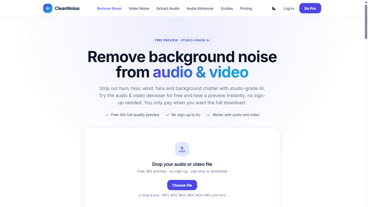 CleanNoise - CleanNoise removes background noise from audio and video with AI, with a free 30-second preview before you pay.