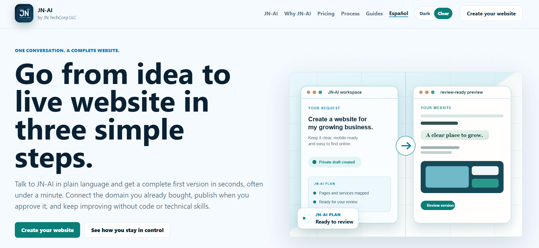 JN-AI.NET - Describe the website you want. AI helps you build, publish, and manage it—no coding required.
