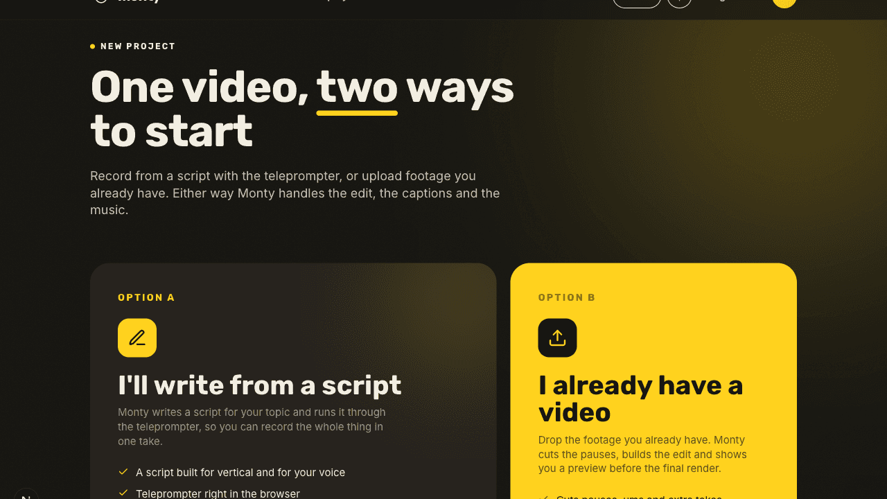 Monty.fast - Monty.fast turns a clip you already filmed into a captioned, music-backed vertical video you can download.