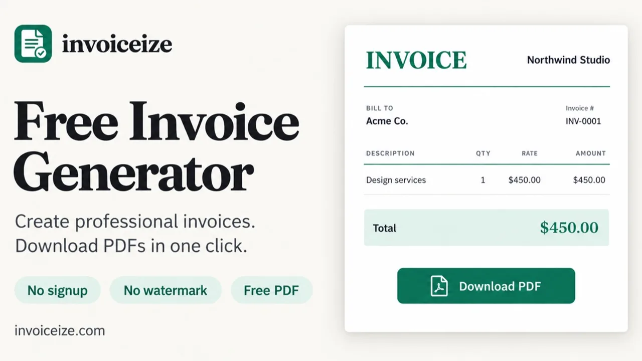 Invoiceize - Create free PDF invoices with AI-assisted Scan & fill, custom branding and no signup or watermark.