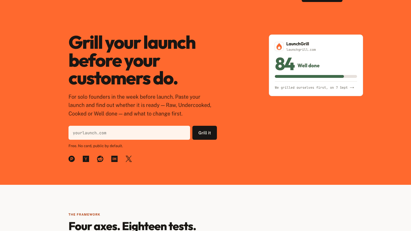 LaunchGrill - LaunchGrill reads your landing page like a stranger on launch day and returns a score, a grade and ranked fixes in two to five minutes.
