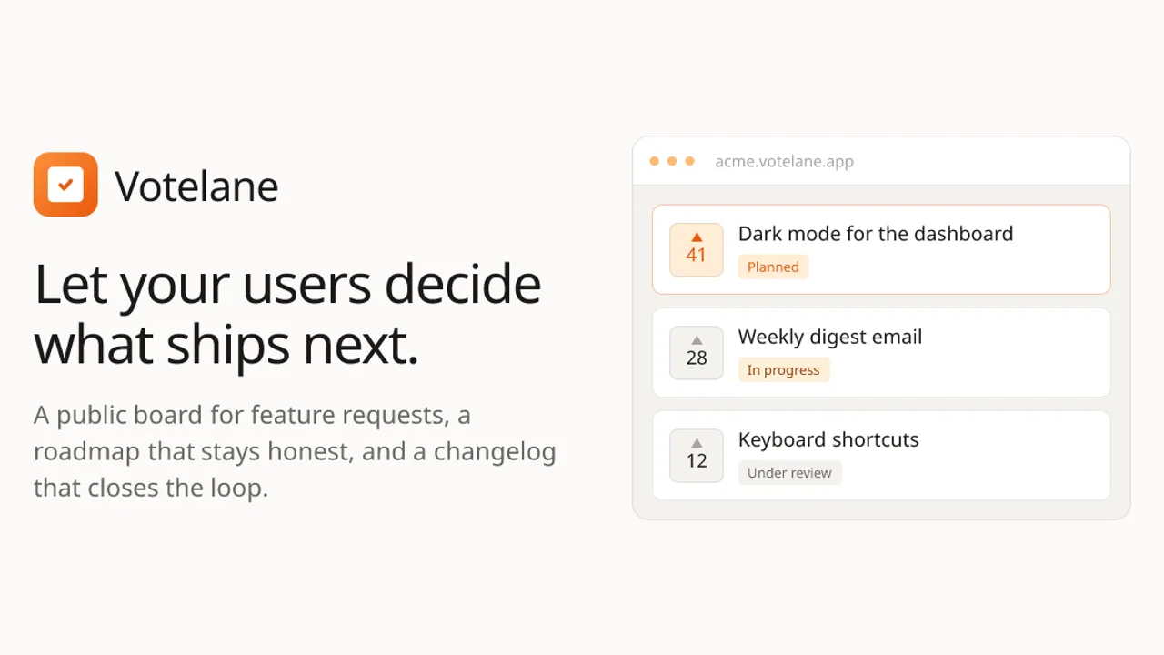 Votelane - A hosted feedback board with a public roadmap and changelog, where users vote on feature requests with just an email.