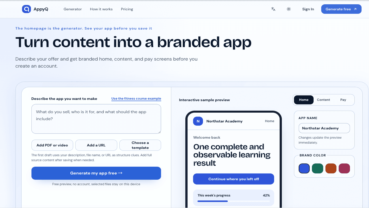 AppyQ - Describe your offer and generate a free branded app preview with home, content, and pay screens for eight creator business types.