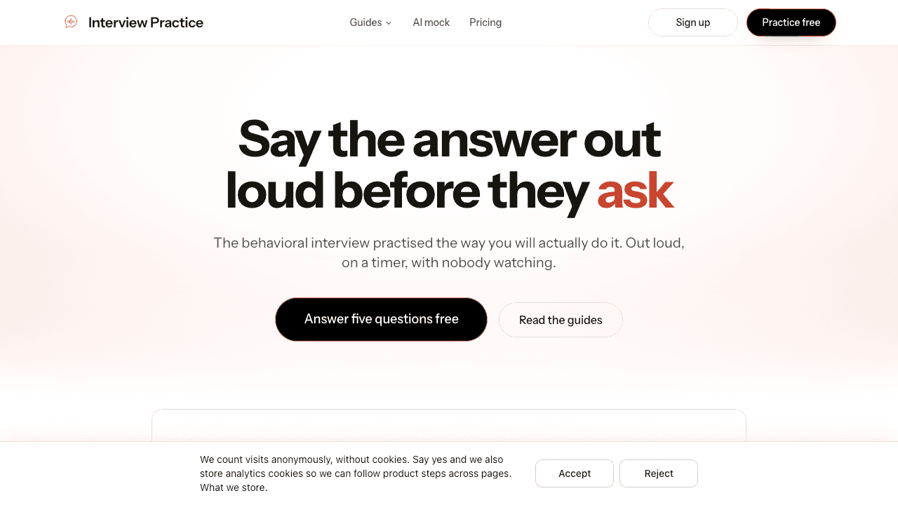 Interview Practice - Interview Practice lets you rehearse behavioral interview answers out loud on a timer, then an AI mock scores each answer and shows a stronger one.
