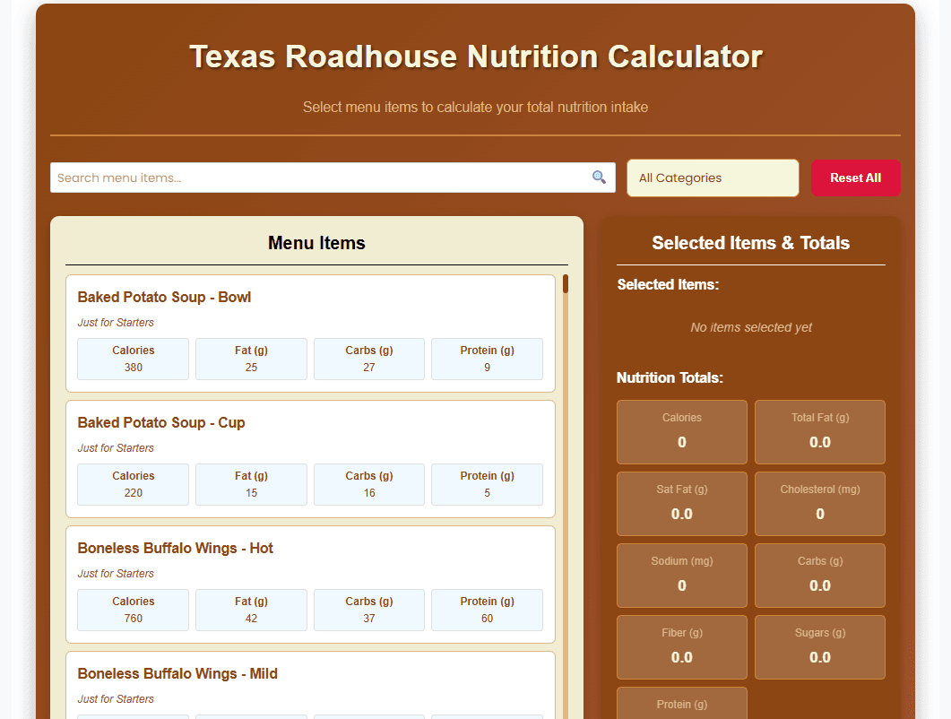 Texas Roadhouse Nutrition Calculator - Select menu and calculate