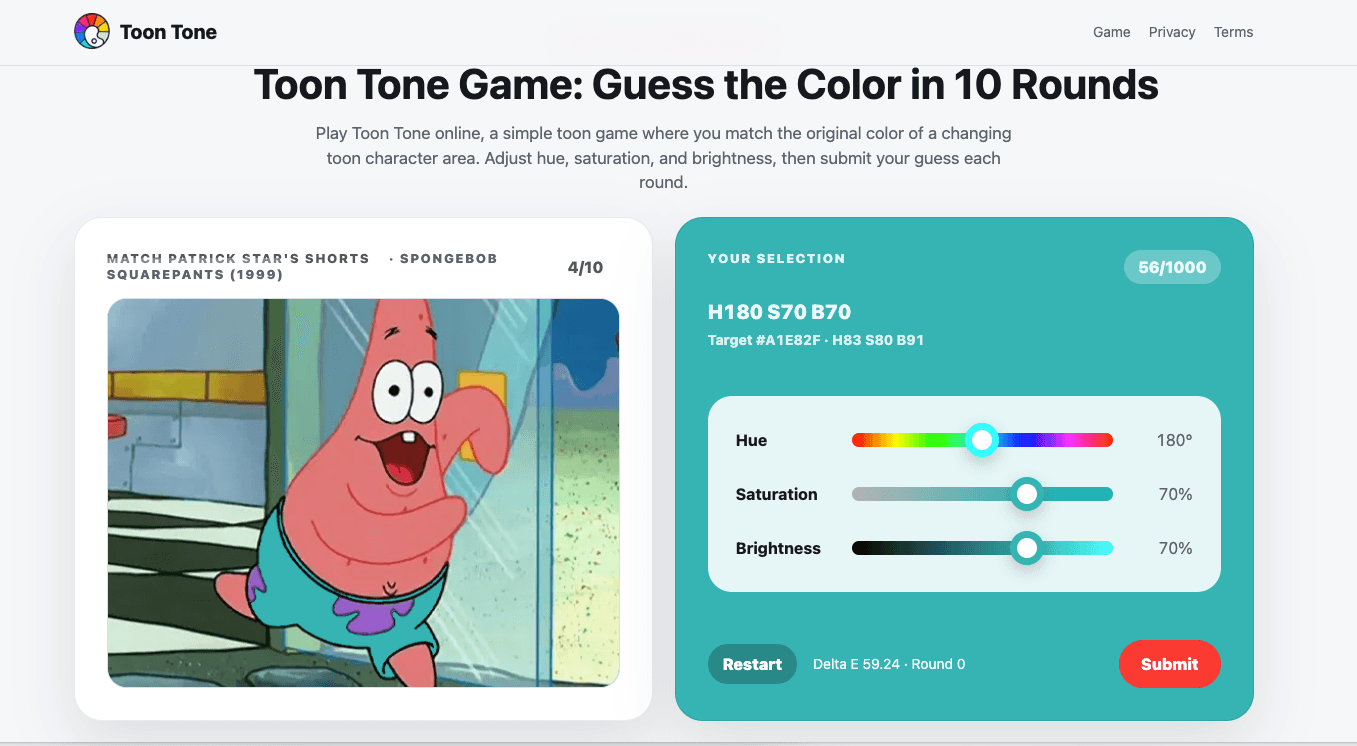 Toon Tone - Guess cartoon character colors